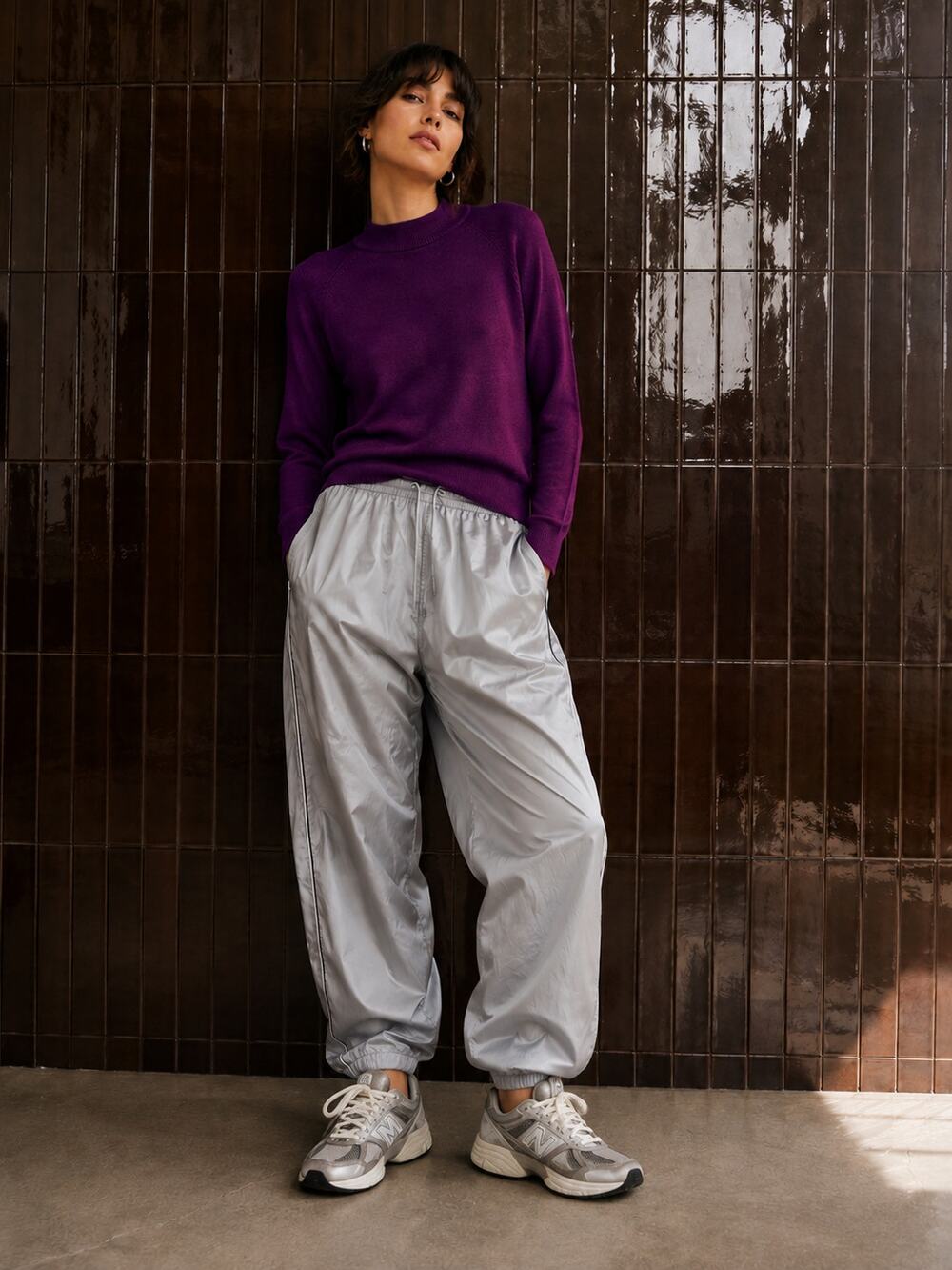 Leslie Fay Sport Purple Mock Neck Sweater Size Large Back Zip